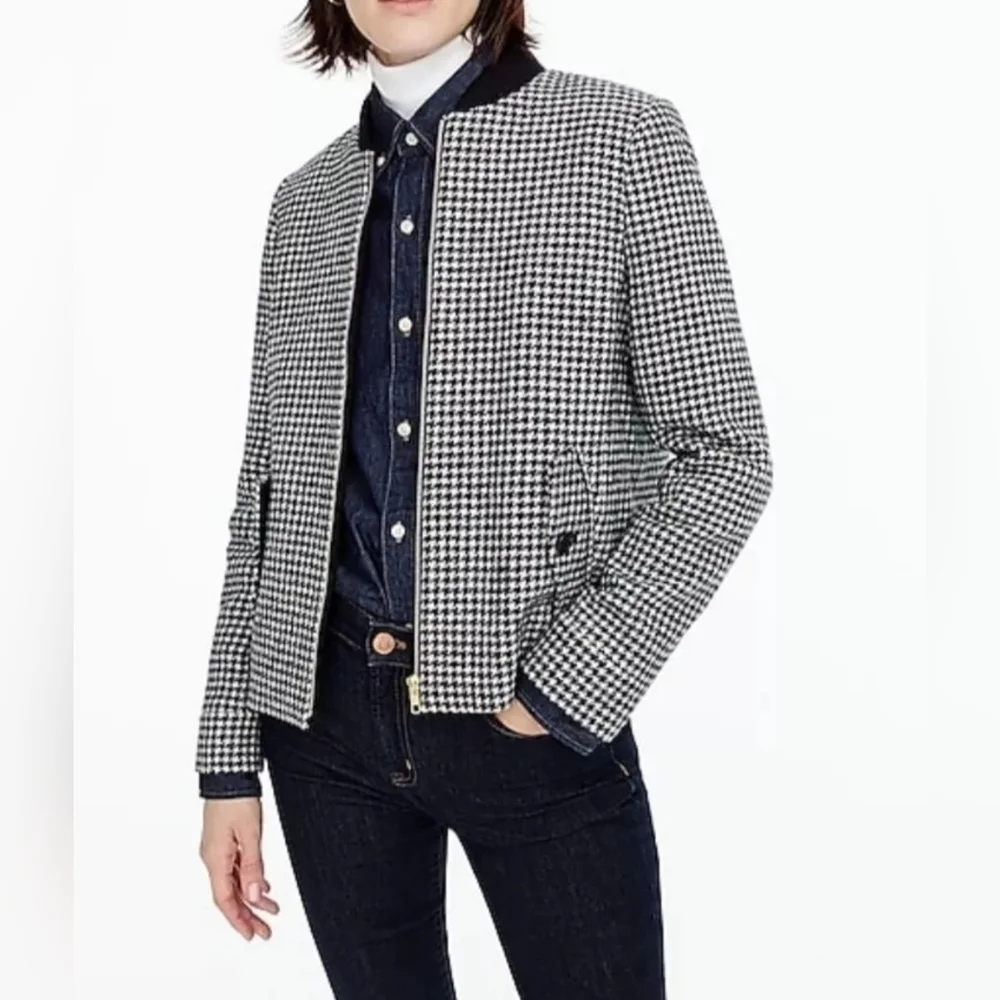 J.Crew Houndstooth Bomber Jacket Sz. S Preppy Wool